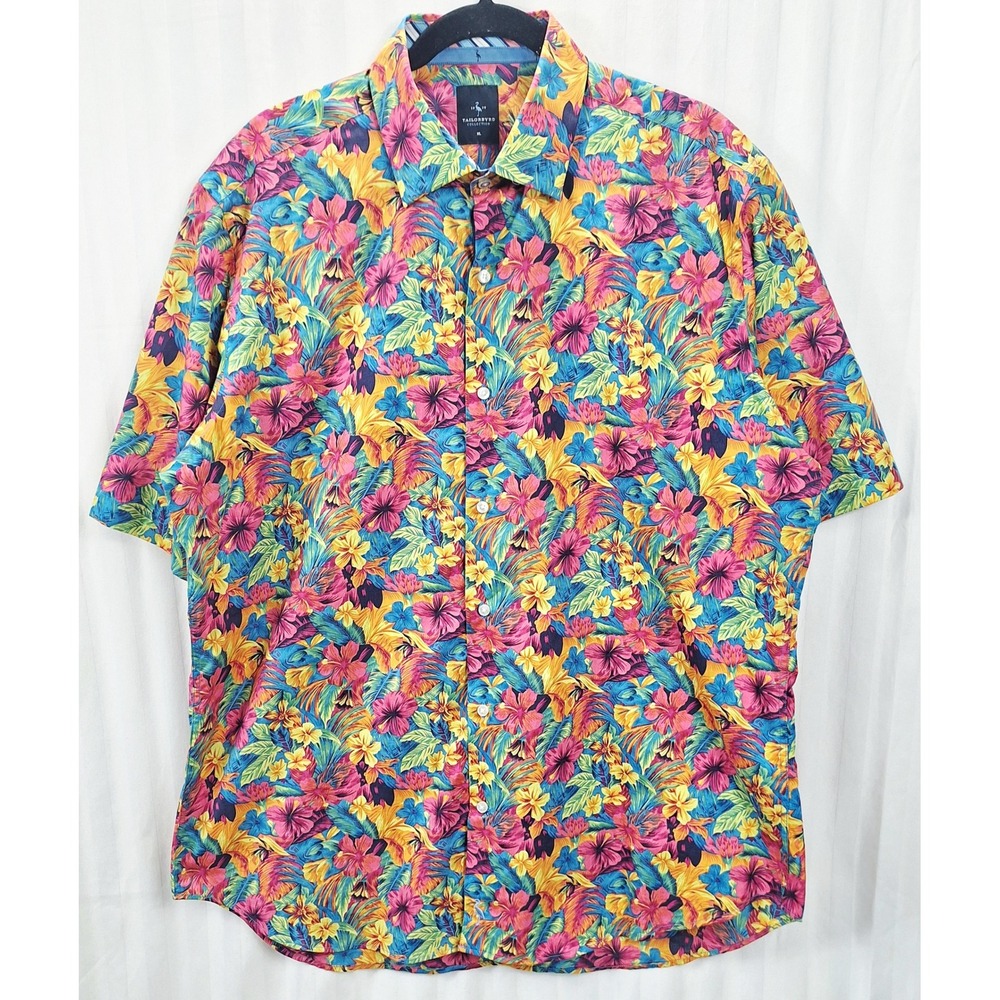 TailorByrd Mens XL Tropical Floral Cotton Button Down Shirt Multicolor Hawaiian
